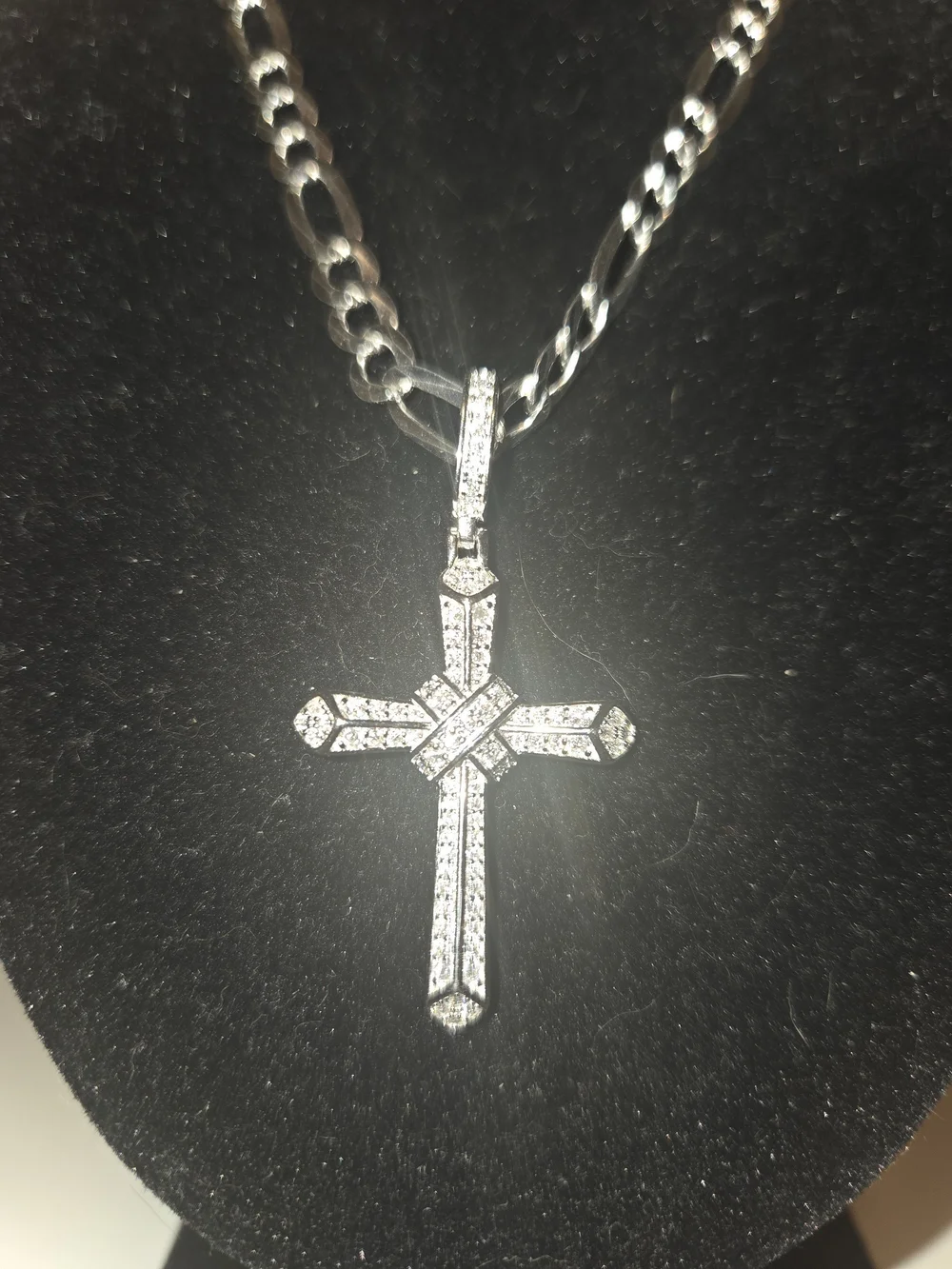 925 Sterling Silver Figaro Chain Necklace with Pave Cross Pendant And Bracelet
